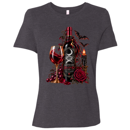 Dark Grey Heather  t-shirt with a Gothic Halloween wine-inspired design featuring an ornate black bottle labeled “Midnight Blood,” a glass of red wine, crimson roses, dark vines, bats, a crescent moon, glowing black candle, and elegant black, red, gold, and silver details on a transparent background