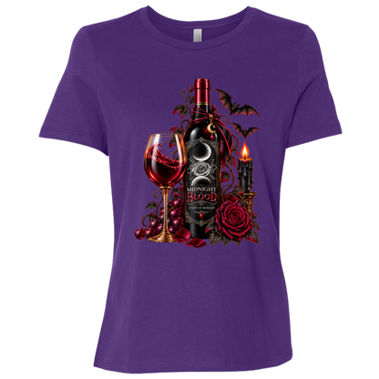 Purple t-shirt with a Gothic Halloween wine-inspired design featuring an ornate black bottle labeled “Midnight Blood,” a glass of red wine, crimson roses, dark vines, bats, a crescent moon, glowing black candle, and elegant black, red, gold, and silver details on a transparent background