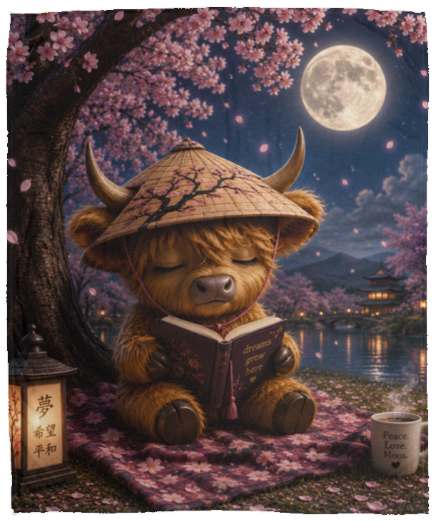 Fleece blanket featuring a peaceful Highland calf reading beneath blooming cherry blossom trees under a full moon, wearing a Japanese-inspired hat beside a glowing lantern and steaming coffee mug in a tranquil nighttime landscape.
