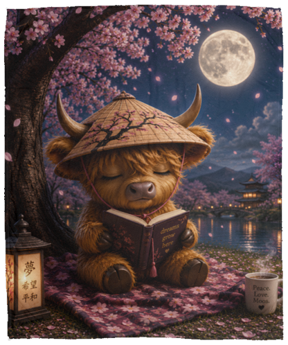 Fleece blanket featuring a peaceful Highland calf reading beneath blooming cherry blossom trees under a full moon, wearing a Japanese-inspired hat beside a glowing lantern and steaming coffee mug in a tranquil nighttime landscape.