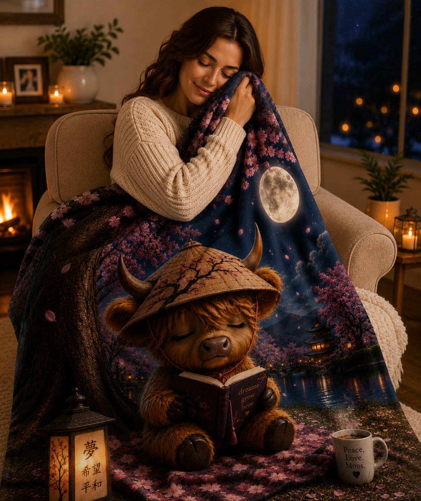 A cozy living room scene with a AI Generated woman wrapped in a printed blanket featuring a moonlit night sky, cherry blossoms, and a teddy bear wearing a straw hat and reading a book. The room has warm lighting from candles and a fireplace, with a window showing a starry night outside.