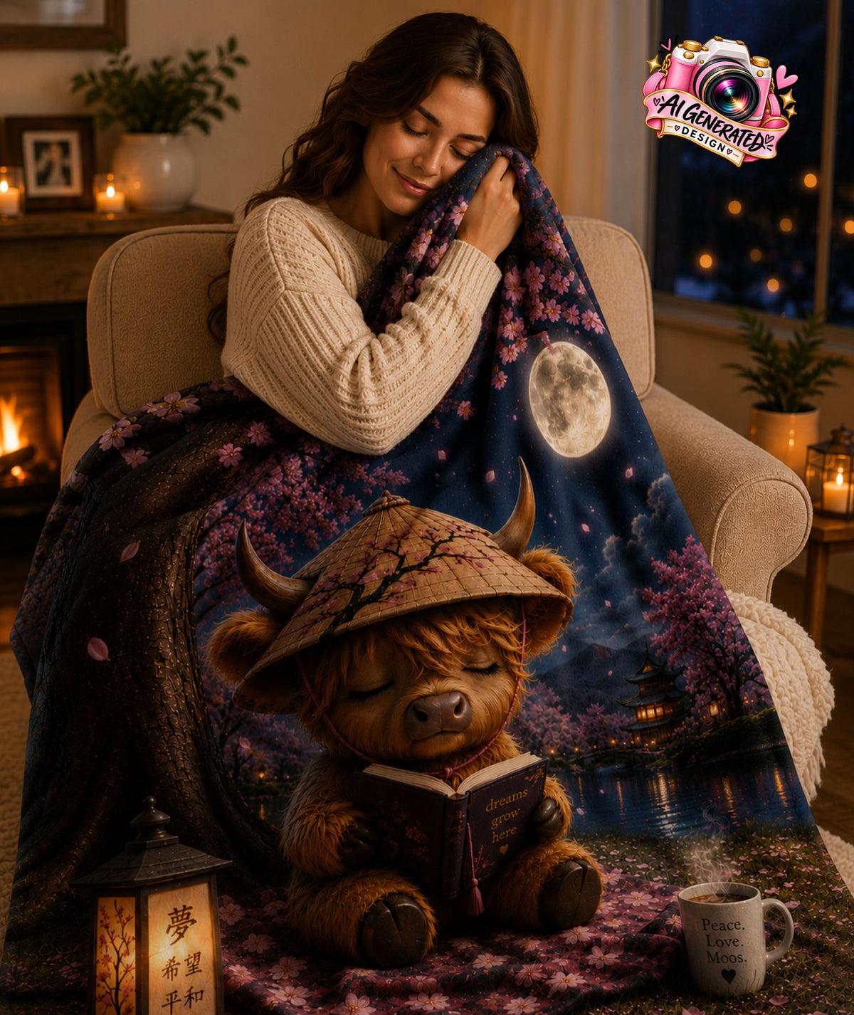 A cozy lifestyle scene showing a woman wrapped in a dark blue blanket featuring a sleeping bookish bear under a moonlit night sky. The setting is a warmly lit living room with a fireplace, plants, and a mug on the floor.