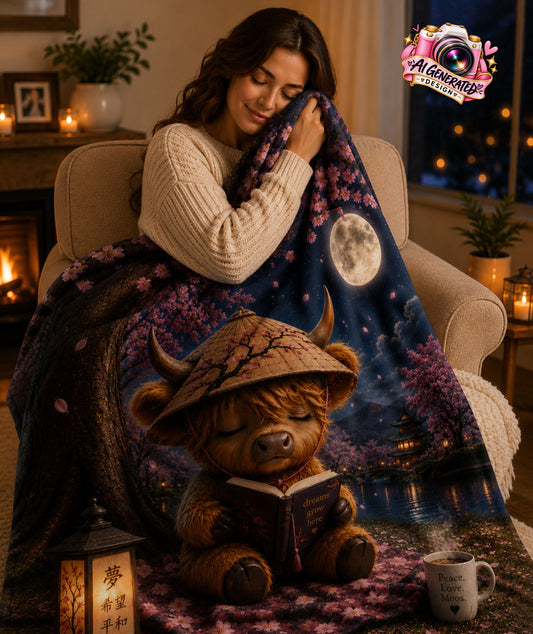 A cozy lifestyle scene showing a woman wrapped in a dark blue blanket featuring a sleeping bookish bear under a moonlit night sky. The setting is a warmly lit living room with a fireplace, plants, and a mug on the floor.