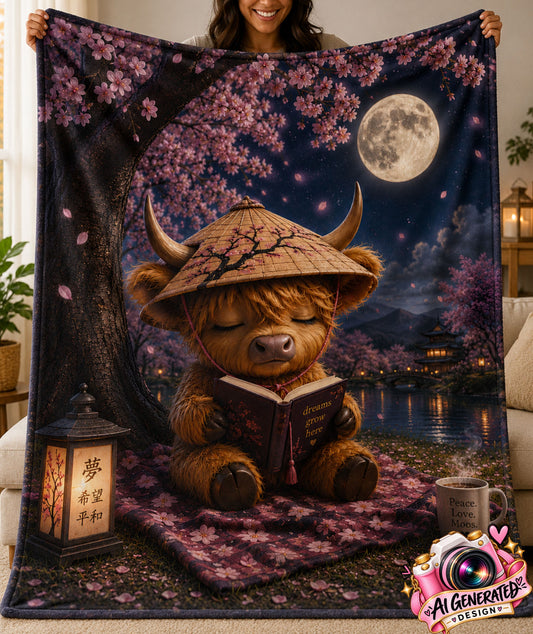 A person holds up a large printed blanket or throw featuring an illustrated scene of a cow-like character wearing a conical hat and reading a book under cherry blossoms at night, with a moon, tree, lantern, and water in the background. A 'AI Generated Design' watermark appears in the lower right corner.