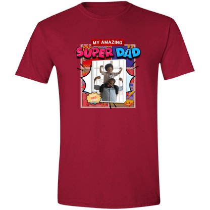 Cardinal Red t-shirt with 'My Amazing Super Dad' graphic design featuring vibrant superhero-inspired graphics, explosive comic panels, and a customizable photo area that has a father holding his son on his shoulders both showing their mussels on a transparent background