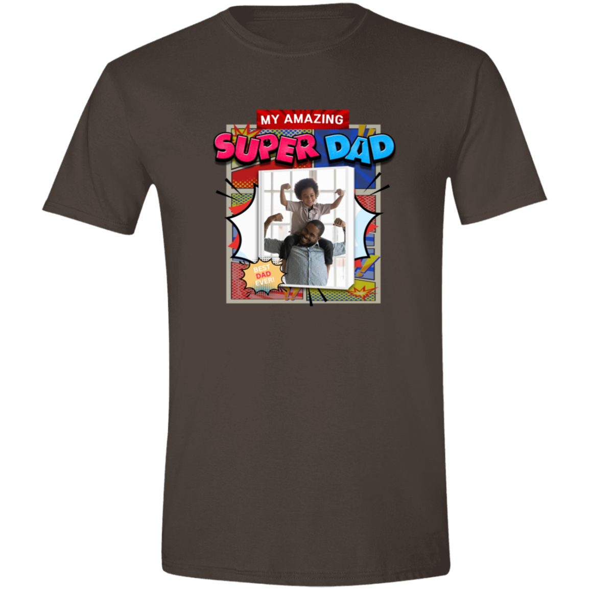 Dark Chocolate t-shirt with 'My Amazing Super Dad' graphic design featuring vibrant superhero-inspired graphics, explosive comic panels, and a customizable photo area that has a father holding his son on his shoulders both showing their mussels on a transparent background