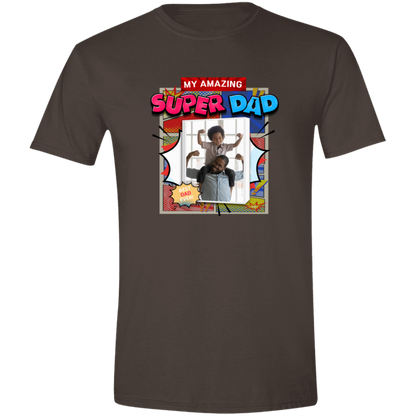 Dark Chocolate t-shirt with 'My Amazing Super Dad' graphic design featuring vibrant superhero-inspired graphics, explosive comic panels, and a customizable photo area that has a father holding his son on his shoulders both showing their mussels on a transparent background