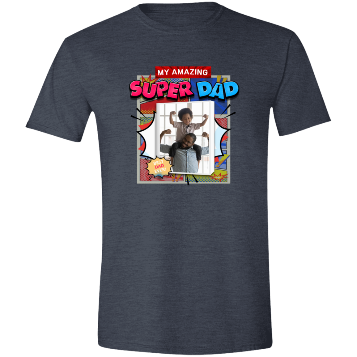 Heather Navy t-shirt with 'My Amazing Super Dad' graphic design featuring vibrant superhero-inspired graphics, explosive comic panels, and a customizable photo area that has a father holding his son on his shoulders both showing their mussels on a transparent background