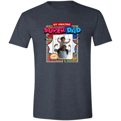 Heather Navy t-shirt with 'My Amazing Super Dad' graphic design featuring vibrant superhero-inspired graphics, explosive comic panels, and a customizable photo area that has a father holding his son on his shoulders both showing their mussels on a transparent background