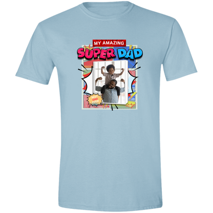 Light Blue t-shirt with 'My Amazing Super Dad' graphic design featuring vibrant superhero-inspired graphics, explosive comic panels, and a customizable photo area that has a father holding his son on his shoulders both showing their mussels on a transparent background