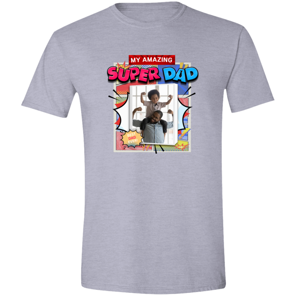 Sport Grey t-shirt with 'My Amazing Super Dad' graphic design featuring vibrant superhero-inspired graphics, explosive comic panels, and a customizable photo area that has a father holding his son on his shoulders both showing their mussels on a transparent background