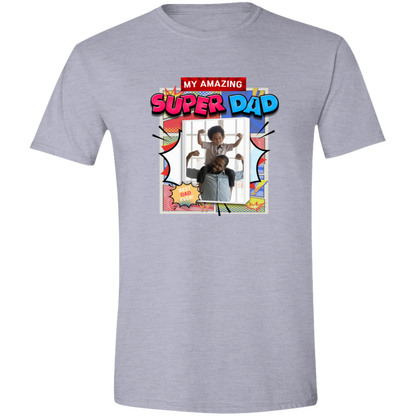 Sport Grey t-shirt with 'My Amazing Super Dad' graphic design featuring vibrant superhero-inspired graphics, explosive comic panels, and a customizable photo area that has a father holding his son on his shoulders both showing their mussels on a transparent background