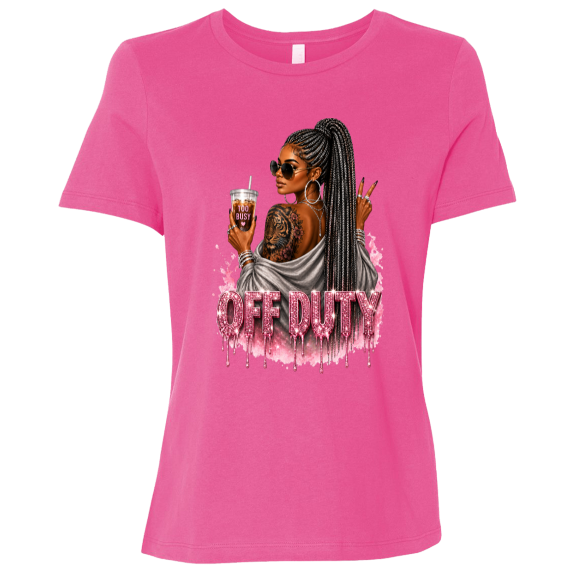 Berry T-Shirt featuring a fashionable woman with a sleek braided ponytail accented with hints of silver, oversized sunglasses, statement jewelry, a bold tiger tattoo, and her favorite iced coffee in hand that says 'TOO BUSY' with a pink heart and sparkling pink rhinestone-inspired 'OFF DUTY' lettering on a transparent background