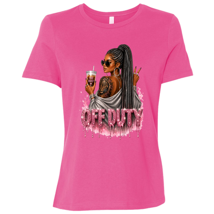 Berry T-Shirt featuring a fashionable woman with a sleek braided ponytail accented with hints of silver, oversized sunglasses, statement jewelry, a bold tiger tattoo, and her favorite iced coffee in hand that says 'TOO BUSY' with a pink heart and sparkling pink rhinestone-inspired 'OFF DUTY' lettering on a transparent background