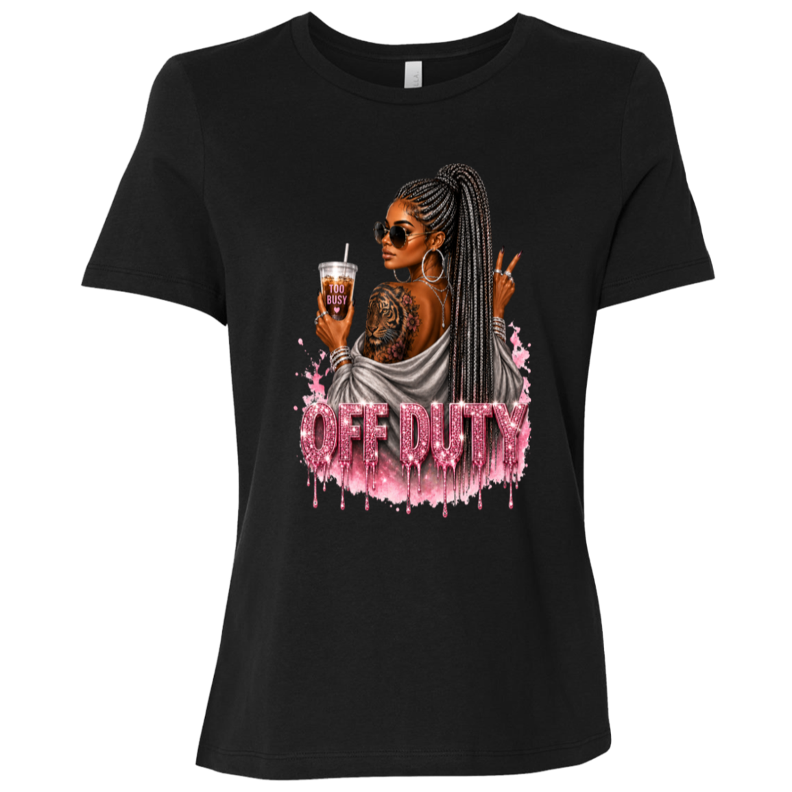 Black T-Shirt featuring a fashionable woman with a sleek braided ponytail accented with hints of silver, oversized sunglasses, statement jewelry, a bold tiger tattoo, and her favorite iced coffee in hand that says 'TOO BUSY' with a pink heart and sparkling pink rhinestone-inspired 'OFF DUTY' lettering on a transparent background