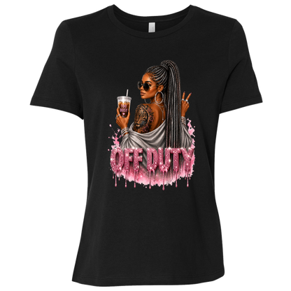 Black T-Shirt featuring a fashionable woman with a sleek braided ponytail accented with hints of silver, oversized sunglasses, statement jewelry, a bold tiger tattoo, and her favorite iced coffee in hand that says 'TOO BUSY' with a pink heart and sparkling pink rhinestone-inspired 'OFF DUTY' lettering on a transparent background