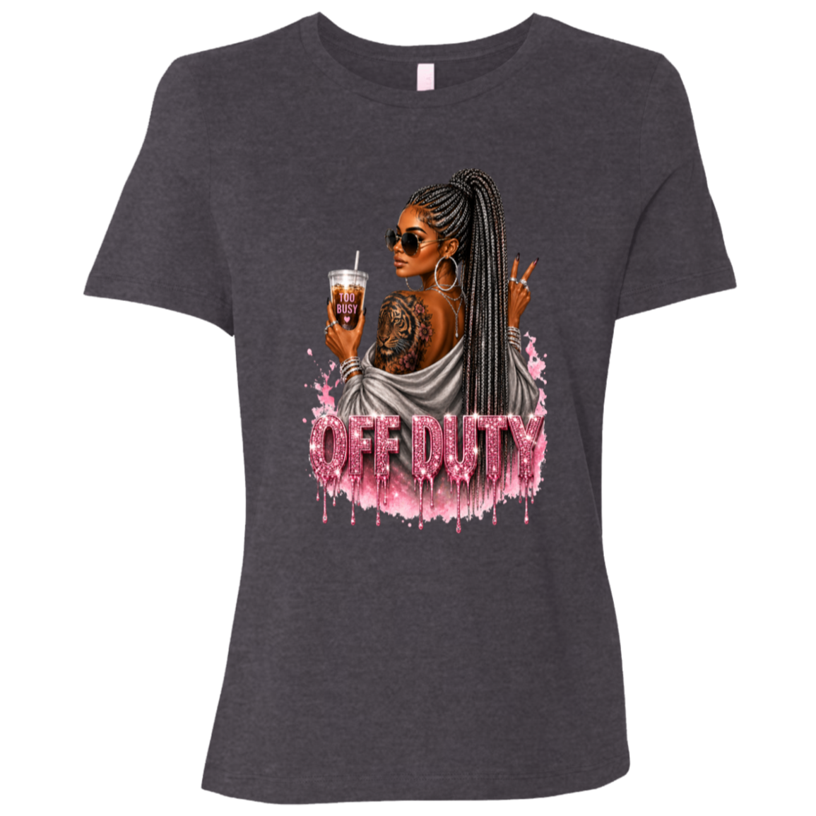 Dark Heather Grey T-Shirt featuring a fashionable woman with a sleek braided ponytail accented with hints of silver, oversized sunglasses, statement jewelry, a bold tiger tattoo, and her favorite iced coffee in hand that says 'TOO BUSY' with a pink heart and sparkling pink rhinestone-inspired 'OFF DUTY' lettering on a transparent background