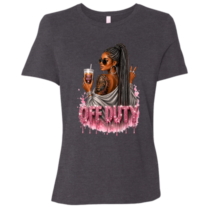 Dark Heather Grey T-Shirt featuring a fashionable woman with a sleek braided ponytail accented with hints of silver, oversized sunglasses, statement jewelry, a bold tiger tattoo, and her favorite iced coffee in hand that says 'TOO BUSY' with a pink heart and sparkling pink rhinestone-inspired 'OFF DUTY' lettering on a transparent background