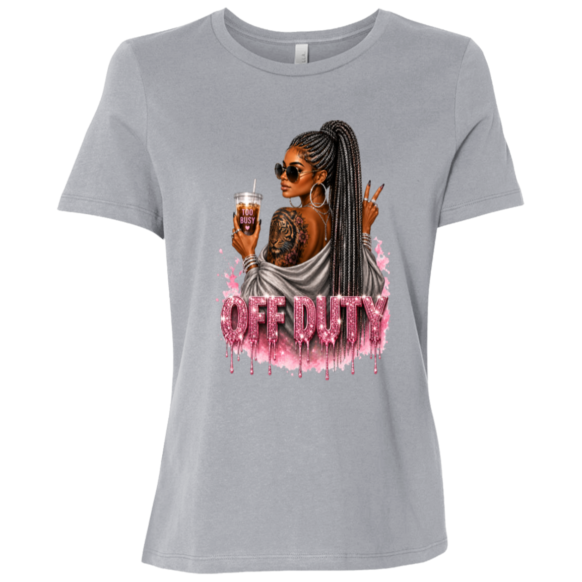 Grey T-Shirt featuring a fashionable woman with a sleek braided ponytail accented with hints of silver, oversized sunglasses, statement jewelry, a bold tiger tattoo, and her favorite iced coffee in hand that says 'TOO BUSY' with a pink heart and sparkling pink rhinestone-inspired 'OFF DUTY' lettering on a transparent background