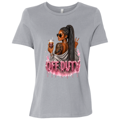 Grey T-Shirt featuring a fashionable woman with a sleek braided ponytail accented with hints of silver, oversized sunglasses, statement jewelry, a bold tiger tattoo, and her favorite iced coffee in hand that says 'TOO BUSY' with a pink heart and sparkling pink rhinestone-inspired 'OFF DUTY' lettering on a transparent background