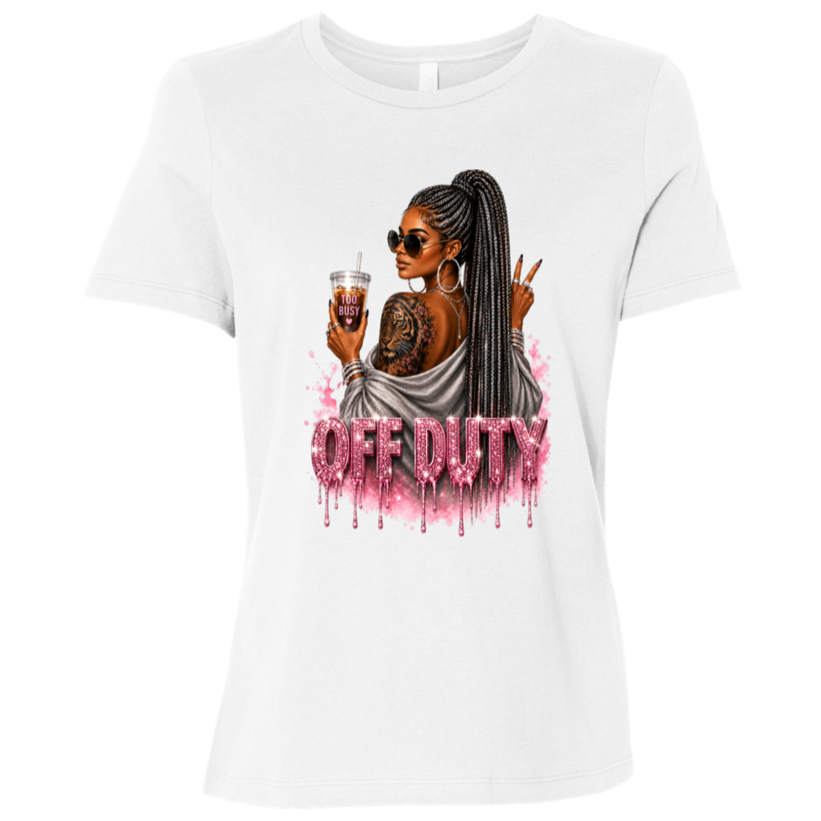 White T-Shirt featuring a fashionable woman with a sleek braided ponytail accented with hints of silver, oversized sunglasses, statement jewelry, a bold tiger tattoo, and her favorite iced coffee in hand that says 'TOO BUSY' with a pink heart and sparkling pink rhinestone-inspired 'OFF DUTY' lettering on a transparent background