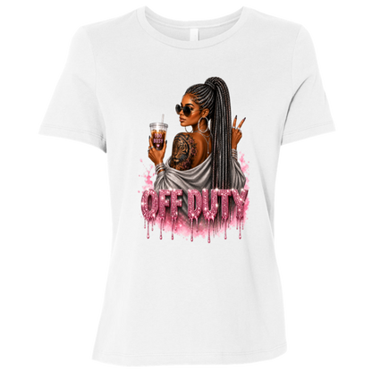 White T-Shirt featuring a fashionable woman with a sleek braided ponytail accented with hints of silver, oversized sunglasses, statement jewelry, a bold tiger tattoo, and her favorite iced coffee in hand that says 'TOO BUSY' with a pink heart and sparkling pink rhinestone-inspired 'OFF DUTY' lettering on a transparent background