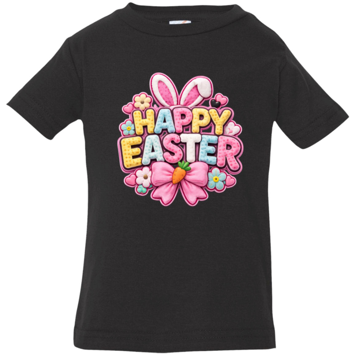 Black Pastel Happy Easter t-shirt with letters in yellow, pink, blue, and white with bunny ears and a pink bow on a transparent background