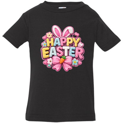 Black Pastel Happy Easter t-shirt with letters in yellow, pink, blue, and white with bunny ears and a pink bow on a transparent background