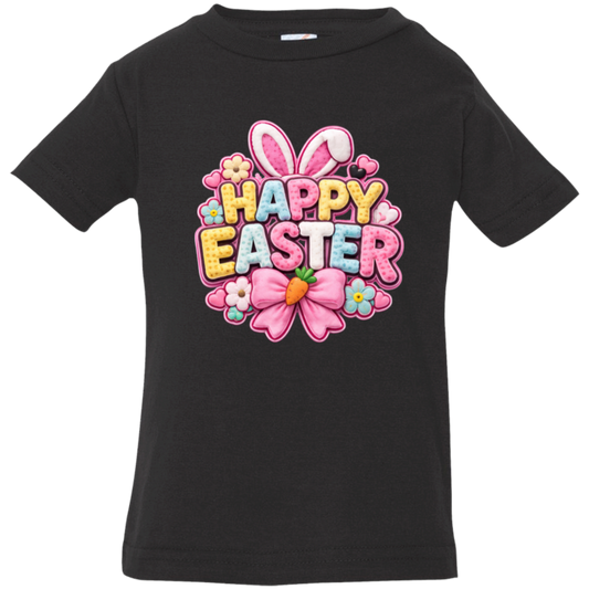 Black Pastel Happy Easter t-shirt with letters in yellow, pink, blue, and white with bunny ears and a pink bow on a transparent background