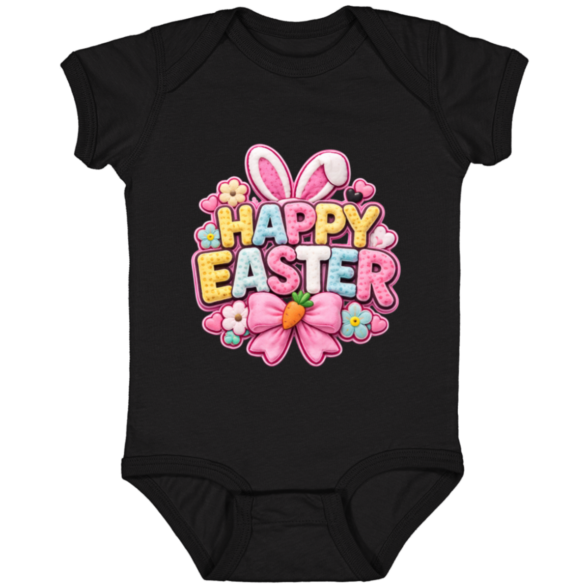 Black Pastel Happy Easter Onesie in yellow, pink, blue, and white with bunny ears and a pink bow on a transparent background