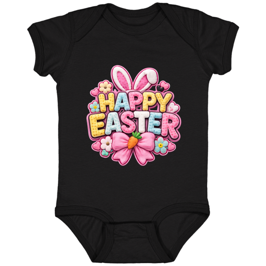Black Pastel Happy Easter Onesie in yellow, pink, blue, and white with bunny ears and a pink bow on a transparent background