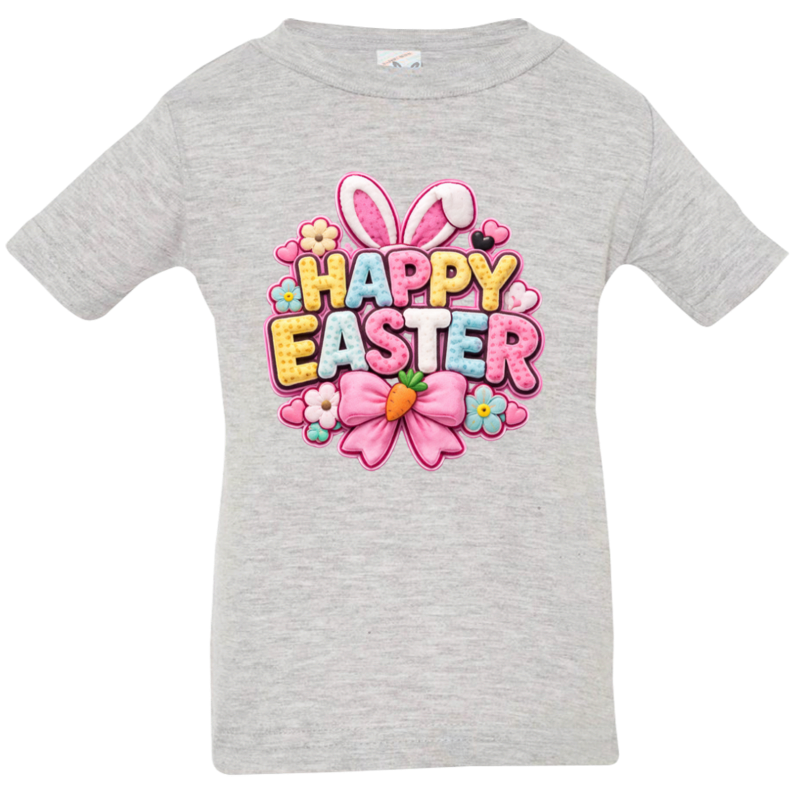 Heather Grey Pastel Happy Easter t-shirt with letters in yellow, pink, blue, and white with bunny ears and a pink bow on a transparent background