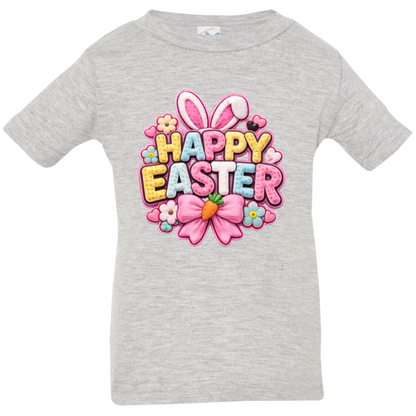 Heather Grey Pastel Happy Easter t-shirt with letters in yellow, pink, blue, and white with bunny ears and a pink bow on a transparent background