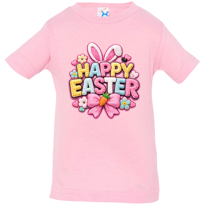 Pink Pastel Happy Easter t-shirt with letters in yellow, pink, blue, and white with bunny ears and a pink bow on a transparent background