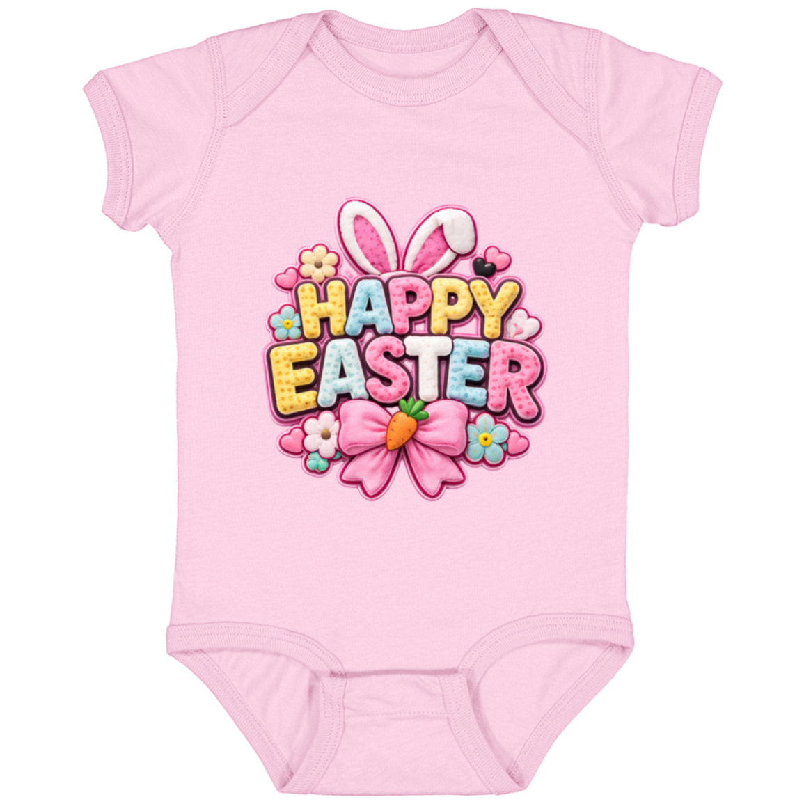 Pink Pastel Happy Easter Onesie in yellow, pink, blue, and white with bunny ears and a pink bow on a transparent background