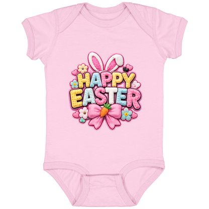 Pink Pastel Happy Easter Onesie in yellow, pink, blue, and white with bunny ears and a pink bow on a transparent background