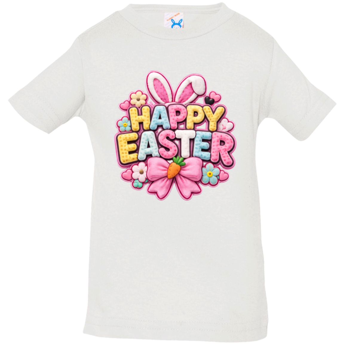 White Pastel Happy Easter t-shirt with letters in yellow, pink, blue, and white with bunny ears and a pink bow on a transparent background