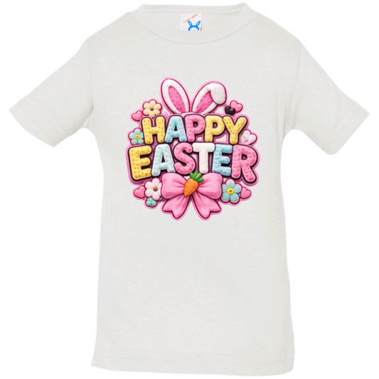 White Pastel Happy Easter t-shirt with letters in yellow, pink, blue, and white with bunny ears and a pink bow on a transparent background
