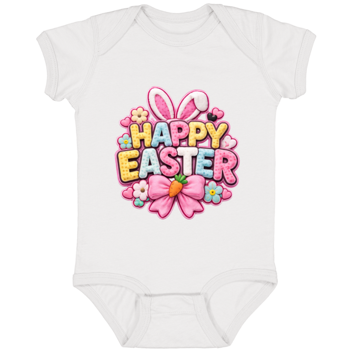 White Pastel Happy Easter Onesie in yellow, pink, blue, and white with bunny ears and a pink bow on a transparent background