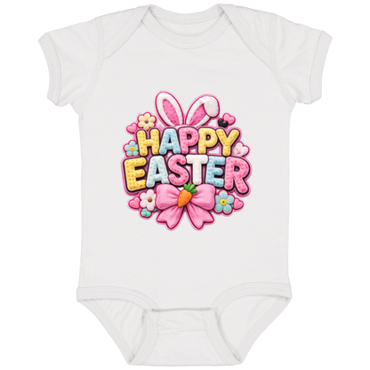 White Pastel Happy Easter Onesie in yellow, pink, blue, and white with bunny ears and a pink bow on a transparent background