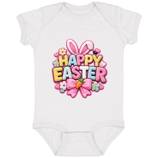 White Pastel Happy Easter Onesie in yellow, pink, blue, and white with bunny ears and a pink bow on a transparent background