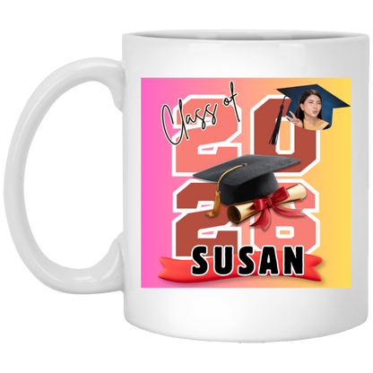 White decorative personalized mug featuring the graduate's name, custom photo, graduation year, and classic cap-and-diploma artwork with graduation design and name 'Susan' with a colorful design and text on a transparent background