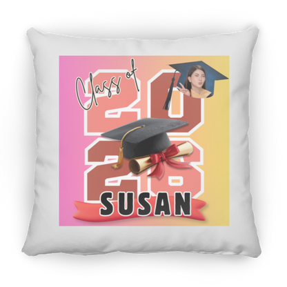 Decorative personalized pillow featuring the graduate's name, custom photo, graduation year, and classic cap-and-diploma artwork with graduation design and name 'Susan' on a transparent background