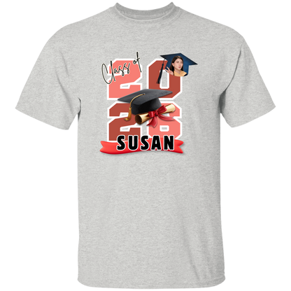 Ash T-Shirt featuring the graduate's name, custom photo, graduation year, and classic cap-and-diploma artwork with graduation design and '2026 Susan' design on a transparent background