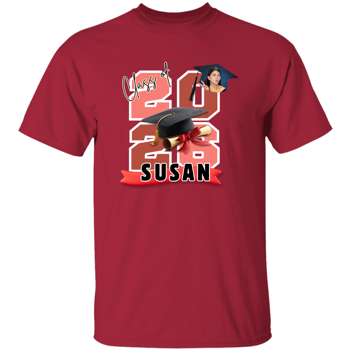 Cardinal T-Shirt featuring the graduate's name, custom photo, graduation year, and classic cap-and-diploma artwork with graduation design and '2026 Susan' design on a transparent background