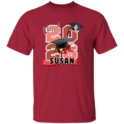 Cardinal T-Shirt featuring the graduate's name, custom photo, graduation year, and classic cap-and-diploma artwork with graduation design and '2026 Susan' design on a transparent background