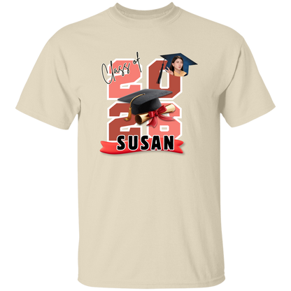 Natural T-Shirt featuring the graduate's name, custom photo, graduation year, and classic cap-and-diploma artwork with graduation design and '2026 Susan' design on a transparent background