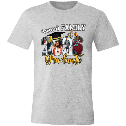 Athletic Heather t-shirt with a 'Proud Family of a Graduate' graphic design featuring custom graduate photos incorporated into the graduation year on a transparent background