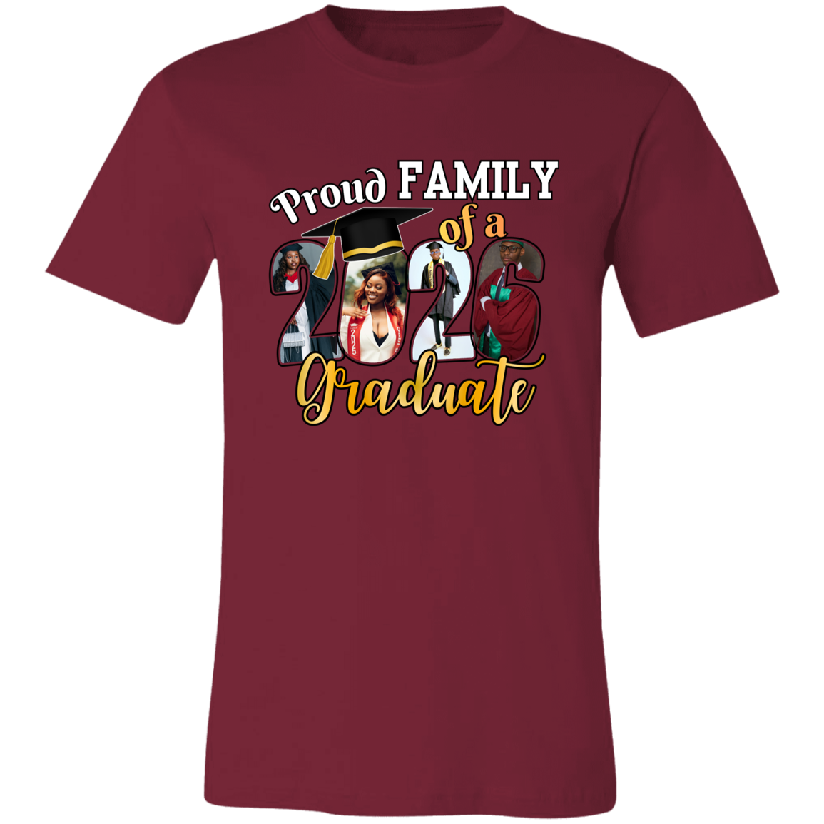 Cardinal t-shirt with a 'Proud Family of a Graduate' graphic design featuring custom graduate photos incorporated into the graduation year on a transparent background