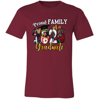 Cardinal t-shirt with a 'Proud Family of a Graduate' graphic design featuring custom graduate photos incorporated into the graduation year on a transparent background